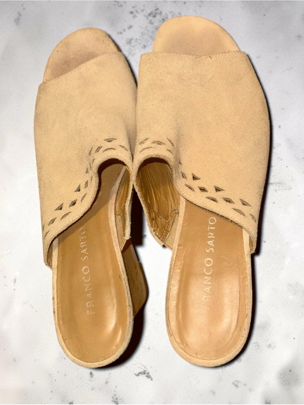 Franco Sarto Beige Suede Open-Toe Wedge Slides